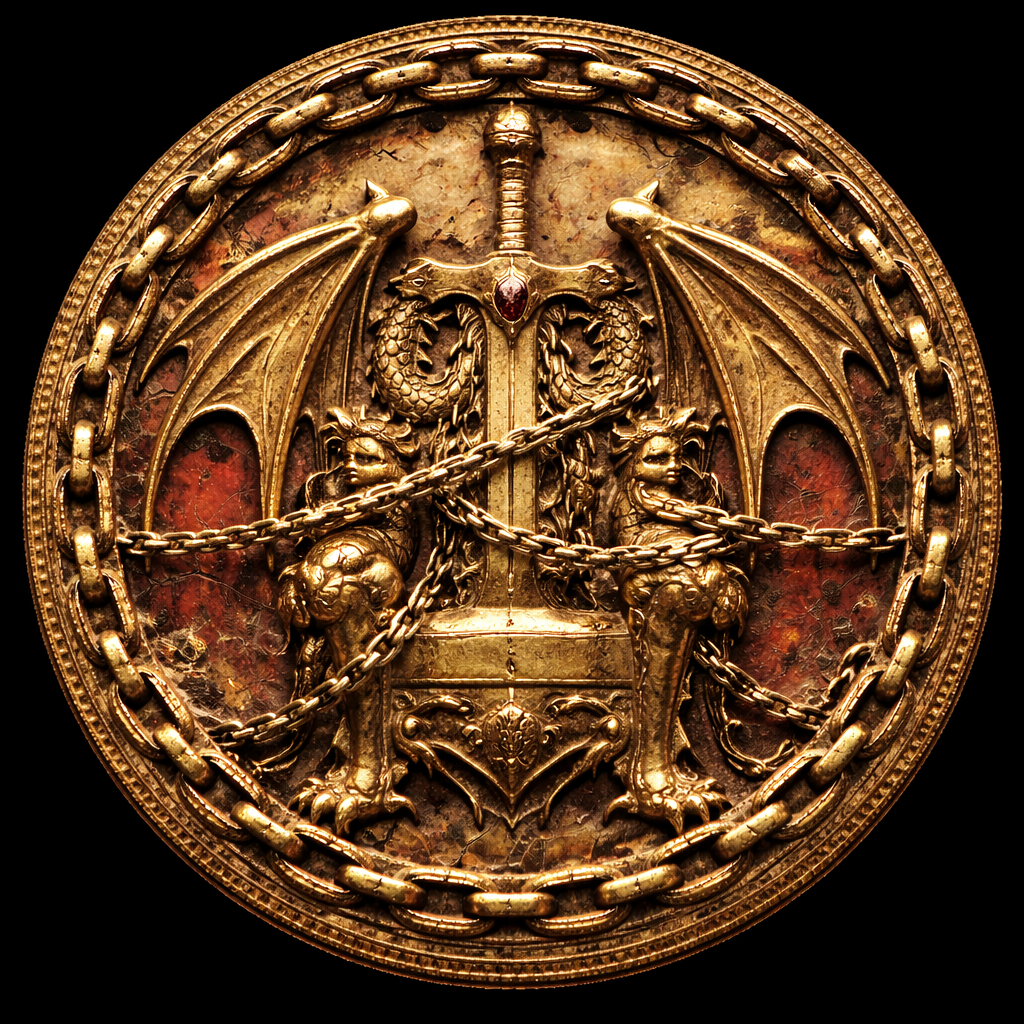 Back face of the Drakrom coin showing a high-relief dragon surrounded by an aged gold chain border over a cracked deep-red field.