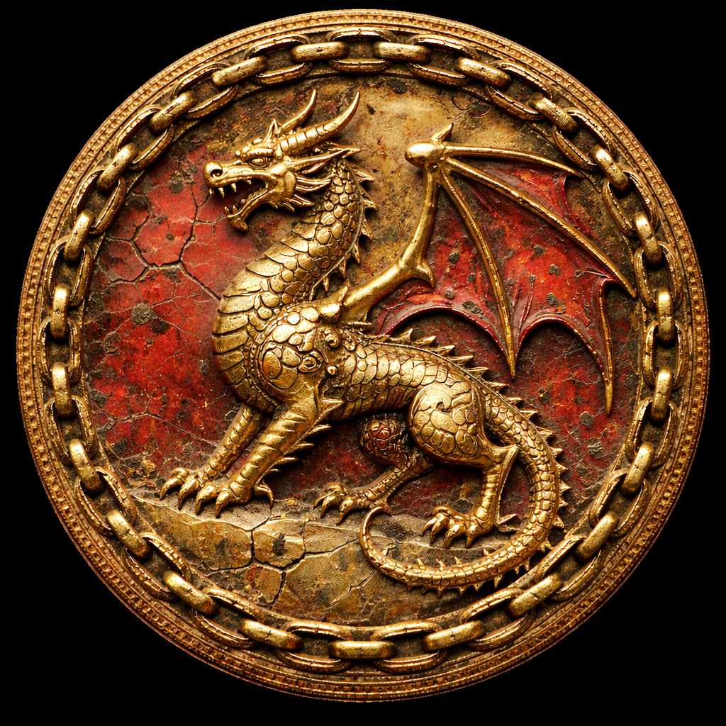 Front face of the Drakrom coin showing a high-relief dragon surrounded by an aged gold chain border over a cracked deep-red field.