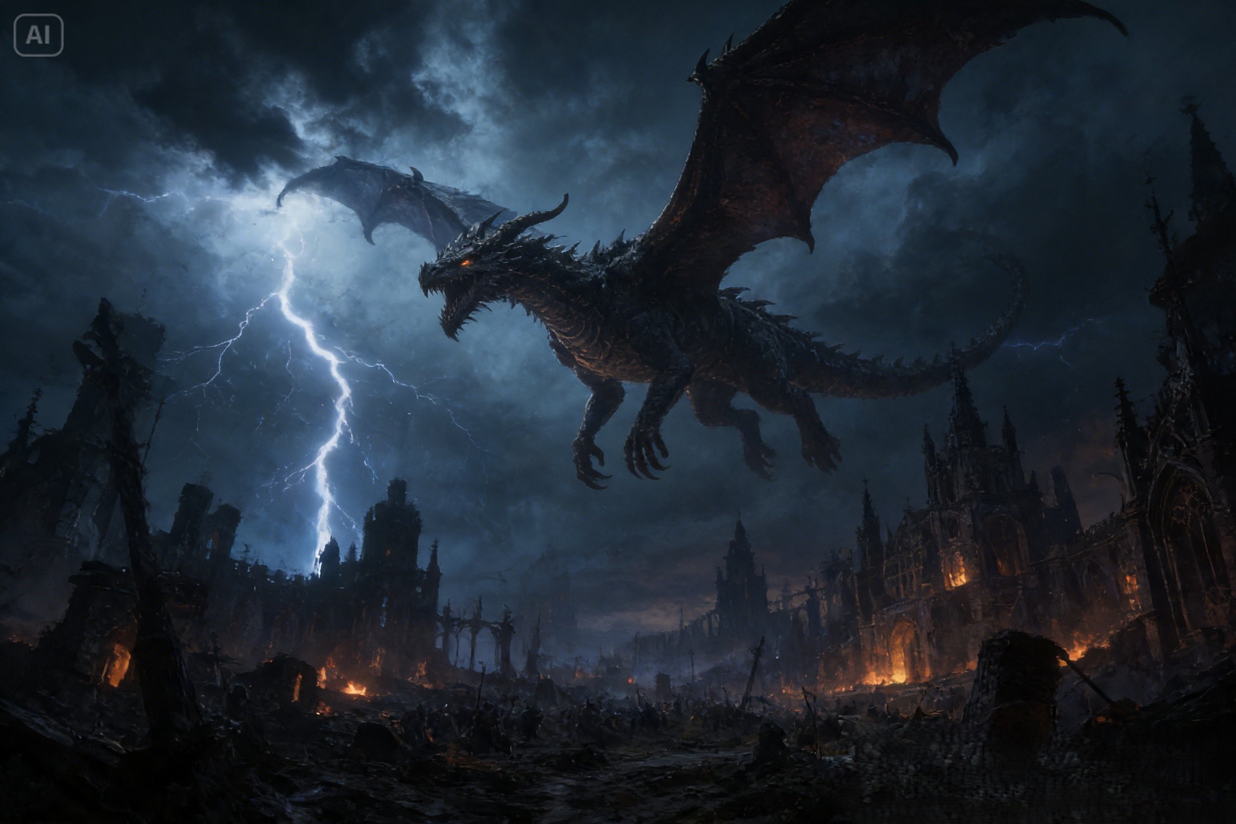 A dragon flying above a dark gothic battlefield beneath storm-heavy skies