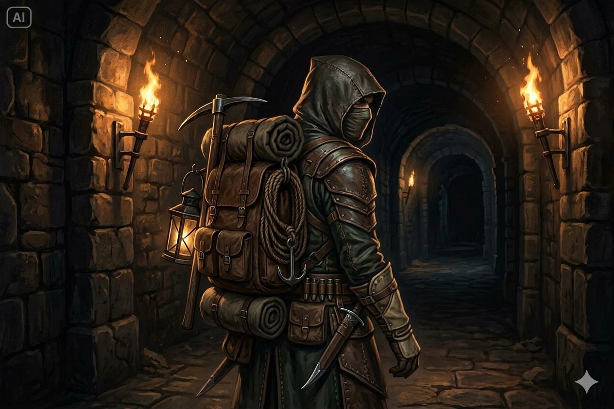 A helm-wearing adventurer with no hair visible stands in a torchlit classic dungeon corridor, carrying practical expedition gear