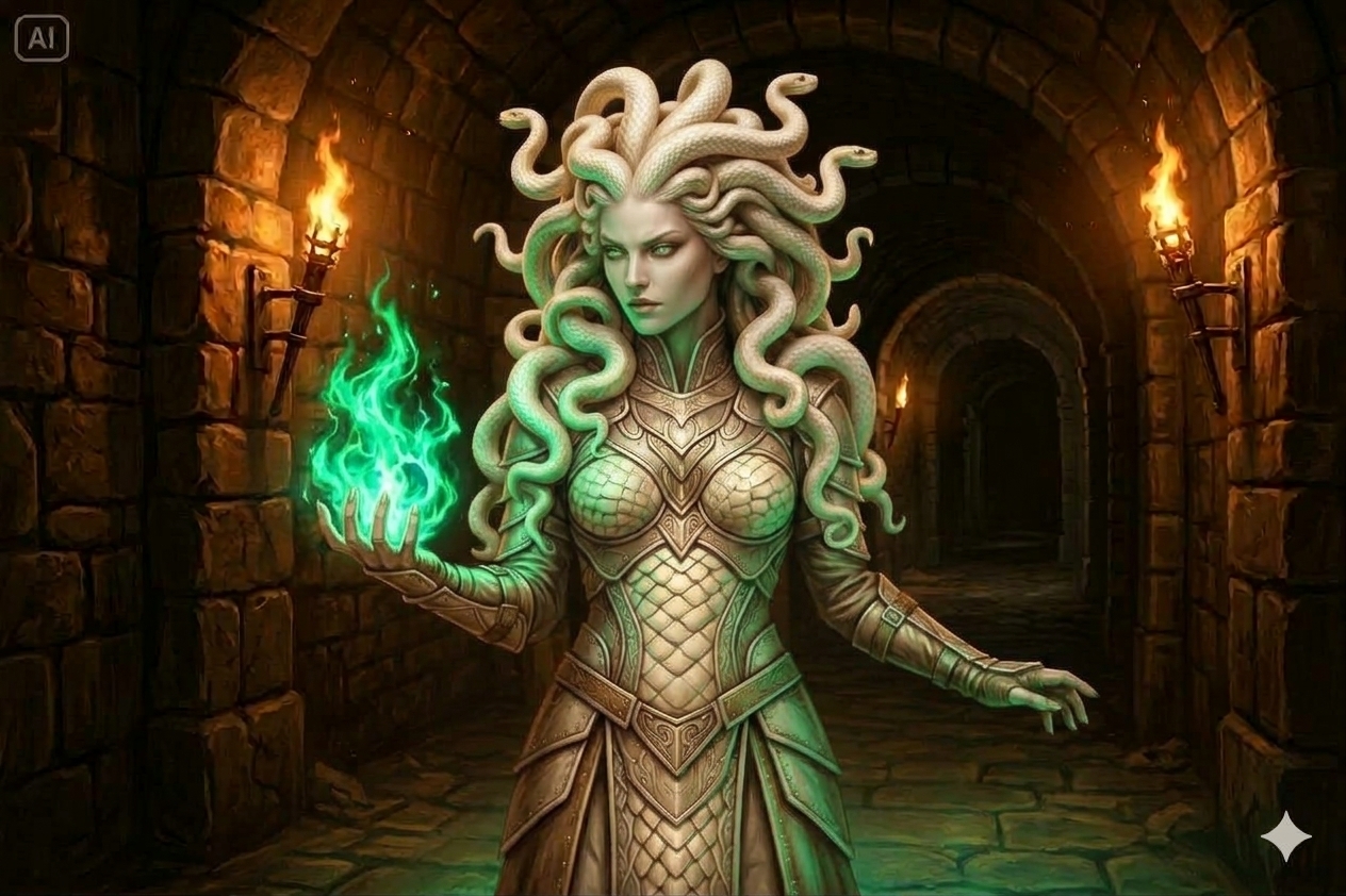 A god-tier ascendant with snakes-covering-head and supernatural proportions seated in a gothic torchlit hall, high-contrast firelight against darkness